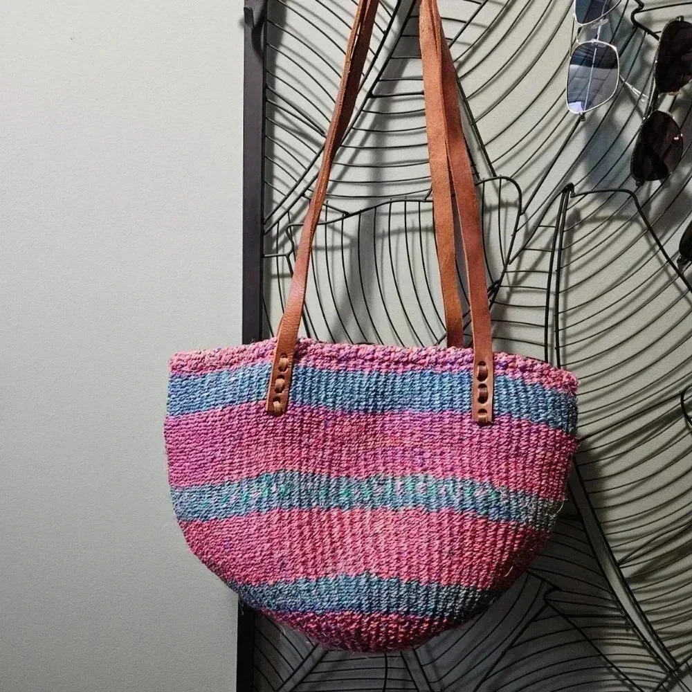 Vintage Sisal Woven Natural  Woven Blue and Pink Shoulder Basket Bag
